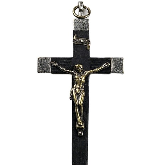 Crucifix Brass/sliver Pendant 4in Jesus INRI Cross Religious Made In Germany - Picture 1 of 9